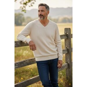 Hugo Boss Mens Cream V Neck Long Sleeve Sweater Knit Top Size Medium